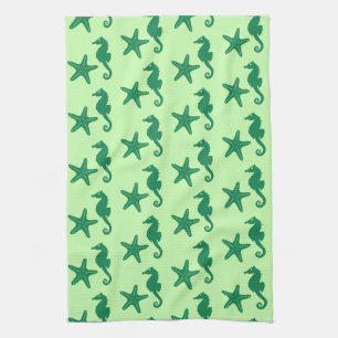 Seahorse & starfish - lime and emerald green tea towel