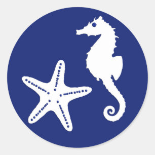 Seahorse & Starfish, Navy Blue and White  Classic Round Sticker