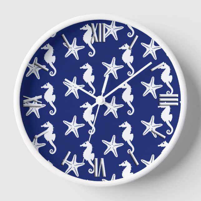 Seahorse & starfish - navy blue and white clock (Front)