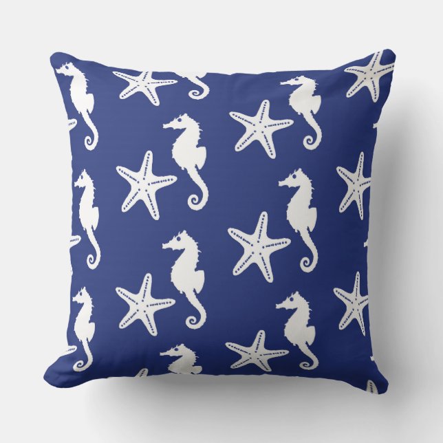 Seahorse & starfish - navy blue and white cushion (Front)