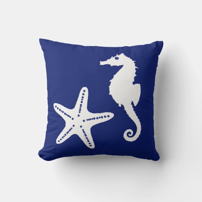 Seahorse & starfish - navy blue and white cushion (Front)
