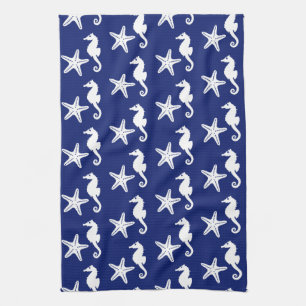 Seahorse & starfish - navy blue and white tea towel