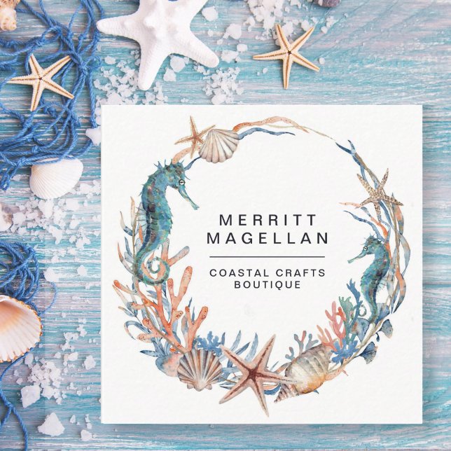 Seahorse Starfish Seashells Coastal Wreath Square  Square Business Card (Creator Uploaded)