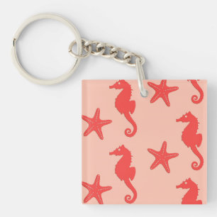 Seahorse & starfish - shades of coral orange key ring