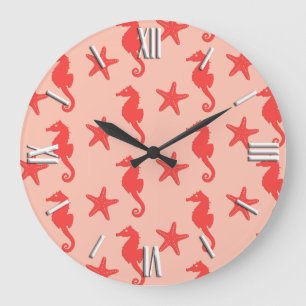 Seahorse & starfish - shades of coral orange large clock