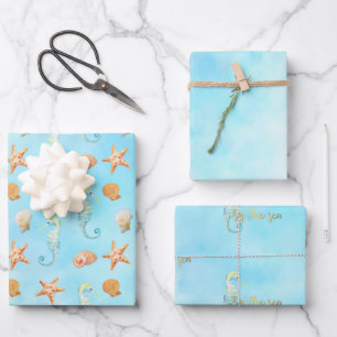 Seahorse Starfish Shells Peach Aqua Ocean Wrapping Paper Sheet