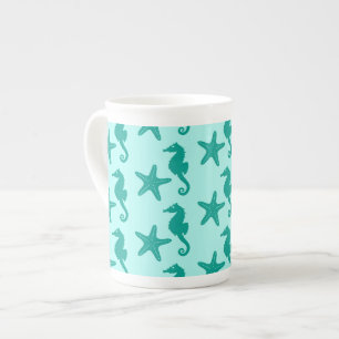Seahorse & starfish - turquoise and aqua bone china mug