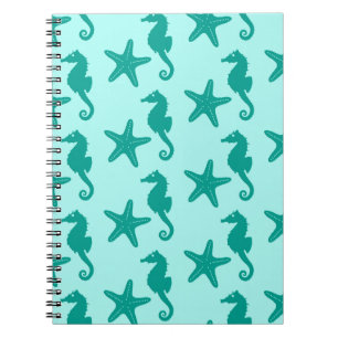 Seahorse & starfish - turquoise and aqua spiral notebook