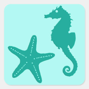 Seahorse & Starfish, Turquoise and Aqua Square Sticker
