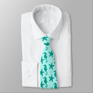 Seahorse & starfish - turquoise and aqua tie