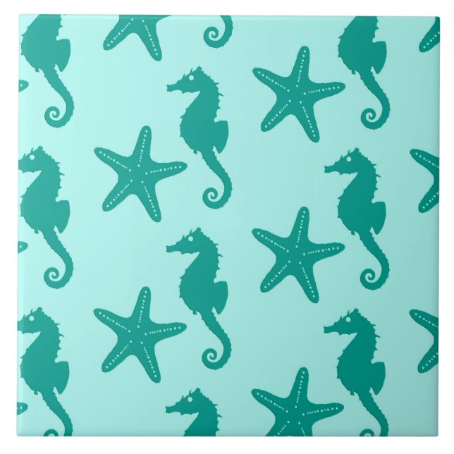 Seahorse & starfish - turquoise and aqua tile (Front)
