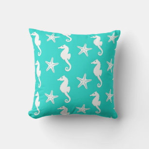 Seahorse & starfish - Turquoise and White Outdoor Cushion