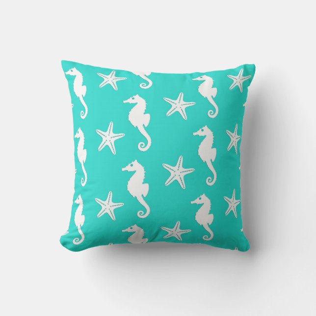 Seahorse & starfish - Turquoise and White Outdoor Cushion (Front)