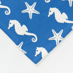 Seahorse & starfish - white on cobalt blue fleece blanket