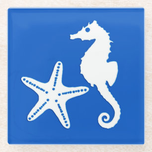 Seahorse & starfish - white on cobalt blue glass coaster