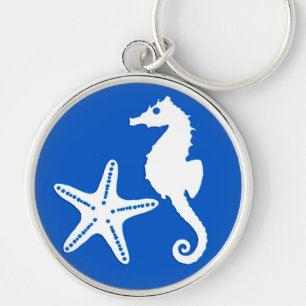 Seahorse & starfish - white on cobalt blue key ring