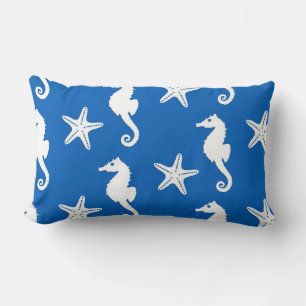 Seahorse & starfish - white on cobalt blue lumbar cushion