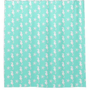 Seahorse & starfish - white on pale aqua shower curtain