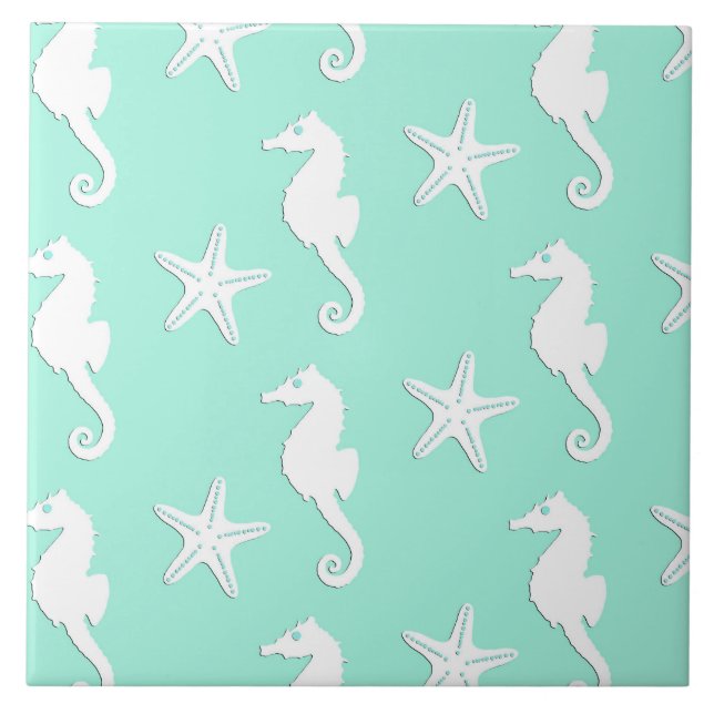 Seahorse & starfish - white on pale aqua tile (Front)