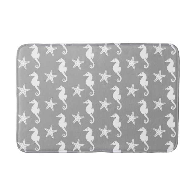 Seahorse & starfish - white on silver grey bath mat (Front)