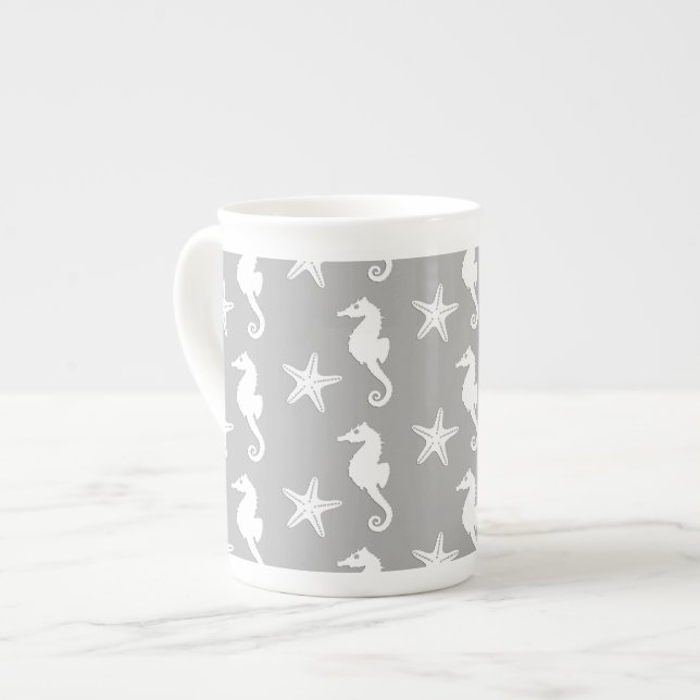 Seahorse & starfish - white on silver grey bone china mug (Front Left)
