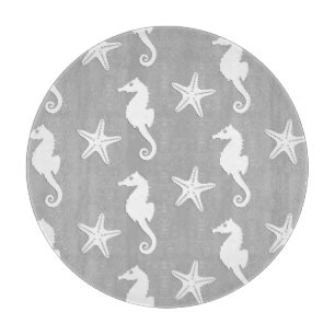 Seahorse & starfish - white on silver grey cutting board