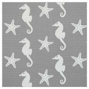 Seahorse & starfish - white on silver grey fabric