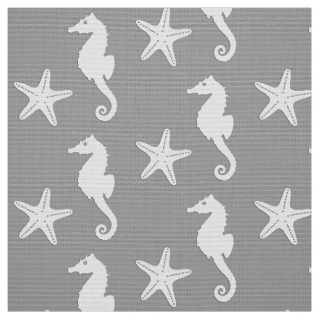Seahorse & starfish - white on silver grey fabric (Swatch)