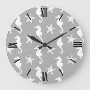 Seahorse & starfish - white on silver grey large clock