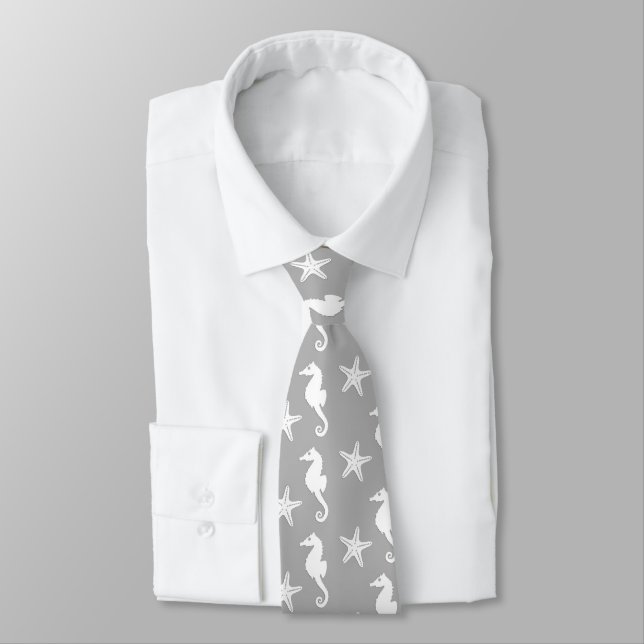 Seahorse & starfish - white on silver grey tie (Tied)