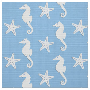Seahorse & starfish - white on sky blue fabric