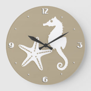 Seahorse & starfish - white on taupe tan large clock