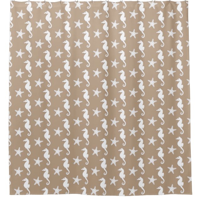Seahorse & starfish - white on taupe tan shower curtain (Front)