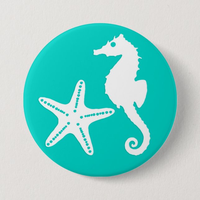 Seahorse & starfish - white on turquoise 7.5 cm round badge (Front)