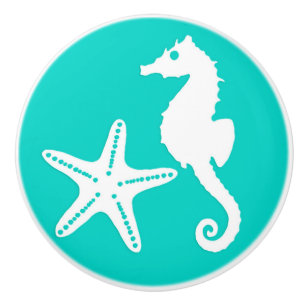 Seahorse & starfish - white on turquoise ceramic knob