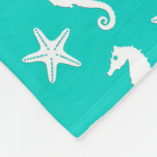Seahorse & starfish - white on turquoise fleece blanket