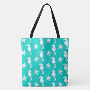 Seahorse & starfish - white on turquoise tote bag