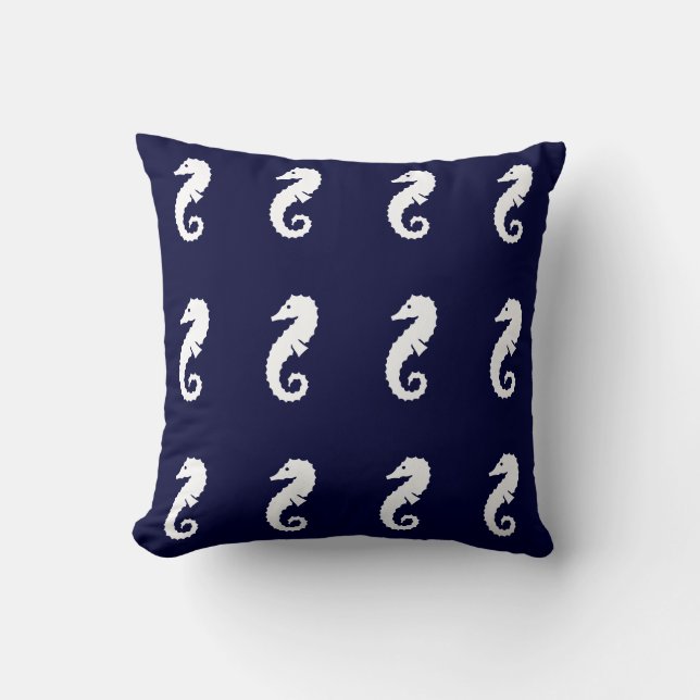 SEAHORSE stripes WHITE on NAVEY BLUE PILLOW (Front)
