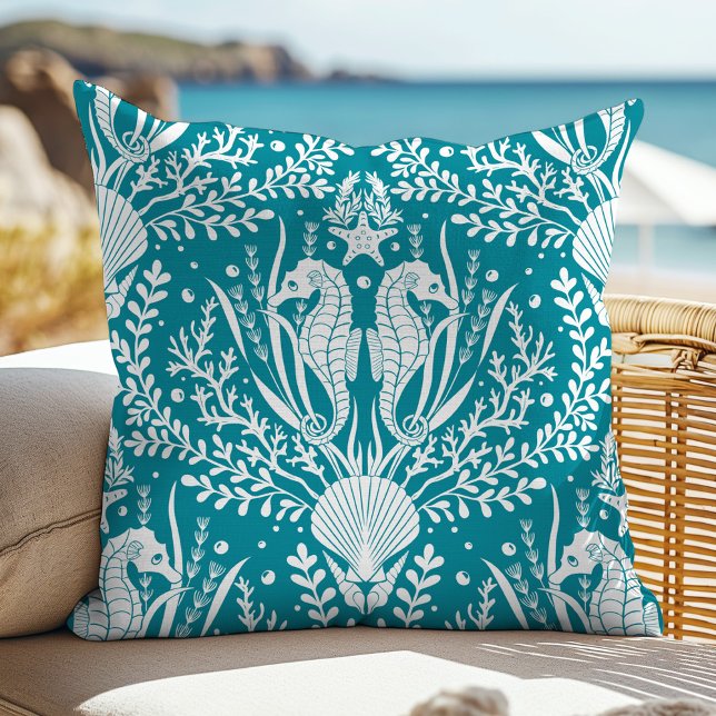 Seahorse Teal Blue White Ocean Summer Cushion (Creator Uploaded)