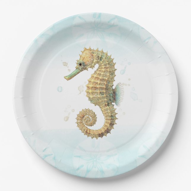 Seahorse Teal & Gold Watercolor Coastal Beach Paper Plate (Front)