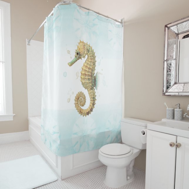 Seahorse Teal & Gold Watercolor Coastal Beach Shower Curtain (In Situ)