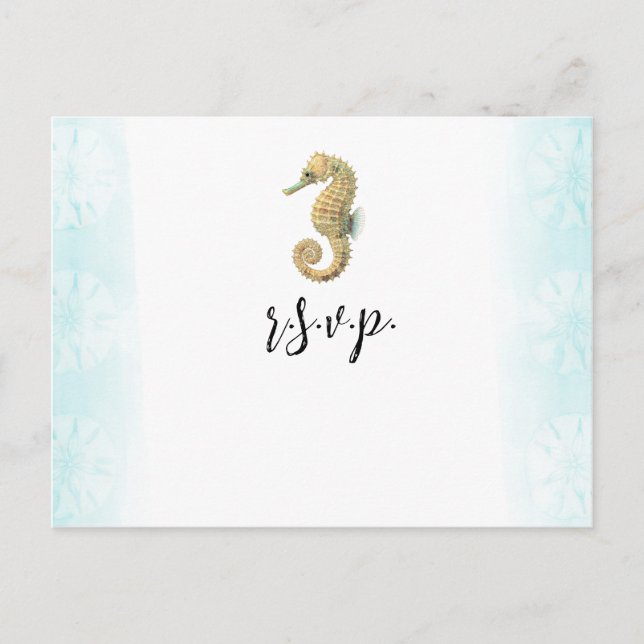 Seahorse Teal & Gold Watercolor Wedding RSVP Announcement Postcard (Front)