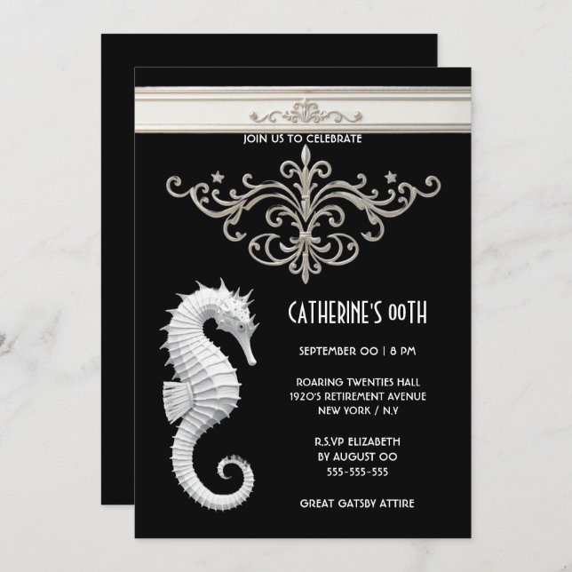 Seahorse theme summer beach birthday black white invitation (Front/Back)