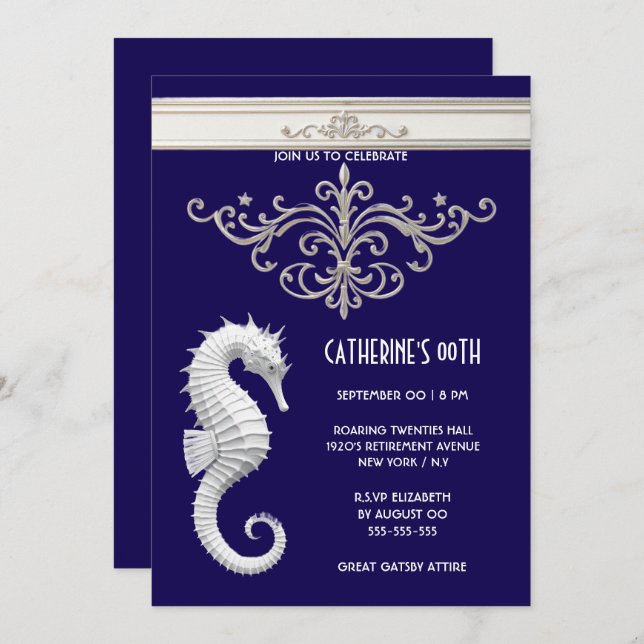 Seahorse theme summer beach birthday navy white invitation (Front/Back)