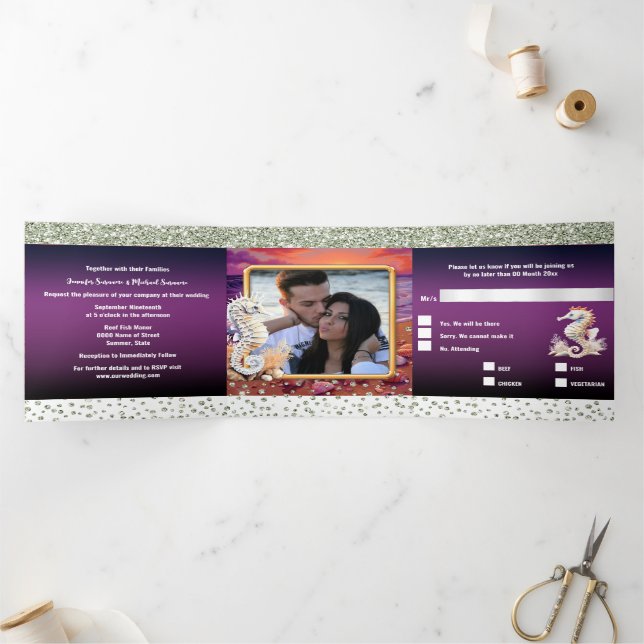 Seahorse tropical island sunrise sunset beach Tri-Fold invitation (Inside)