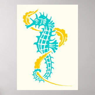 Seahorse turquoise blue, yellow and seaweed poster