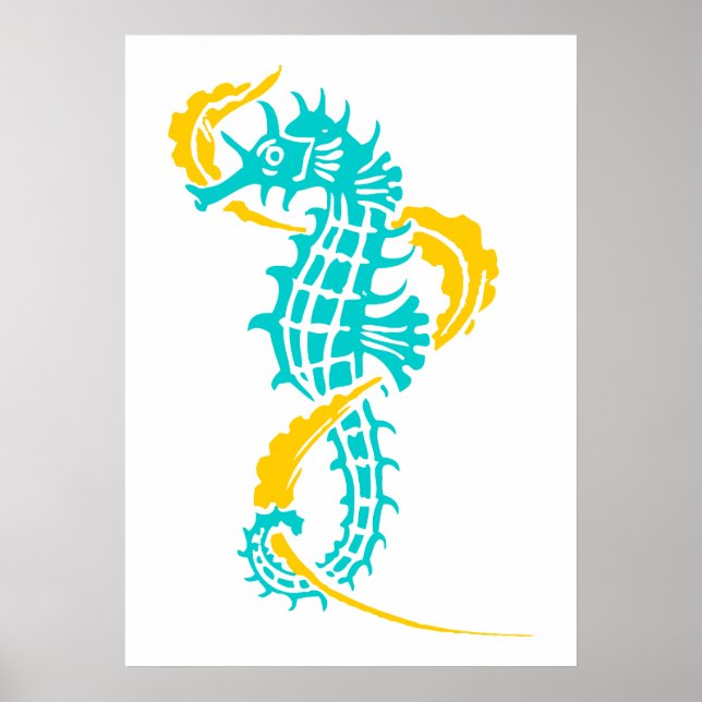 Seahorse turquoise blue, yellow and seaweed poster (Front)
