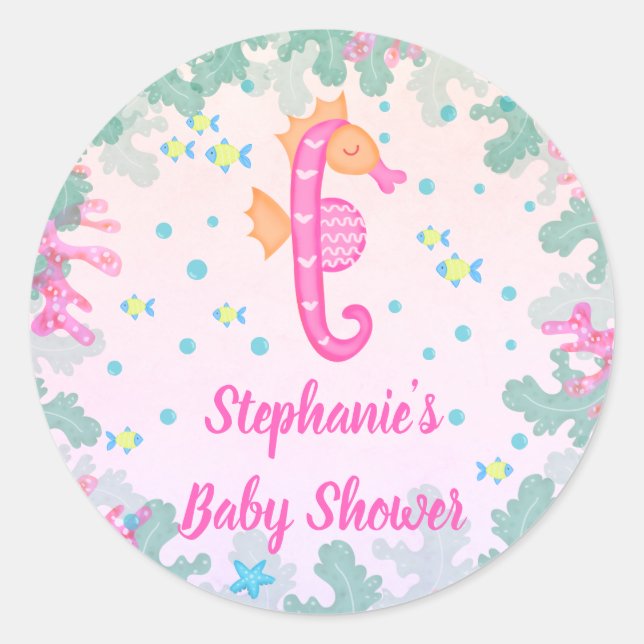 Seahorse Under The Sea Baby Shower Classic Round Sticker (Front)