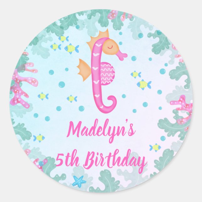 Seahorse Under The Sea Birthday Classic Round Sticker (Front)
