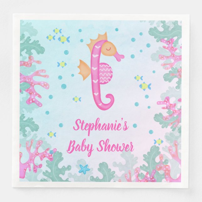 Seahorse Under The Sea Blue Baby Shower Napkin (Front)